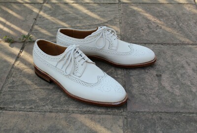 Crafted Leather Classic Men White Leather Wingtip Oxford Lace up Dress Shoes