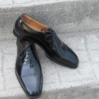 Crafted Leather Classic Black Calf Leather Goodyear Welted Oxford Lace up Dress Shoes - Thumbnail 2