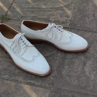 Crafted Leather Classic Men White Leather Wingtip Oxford Lace up Dress Shoes - Thumbnail 4