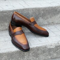 Crafted Leather Dark Brown Tan Leather Moccasin Classic Loafers Dress Wedding Shoes - Thumbnail 1