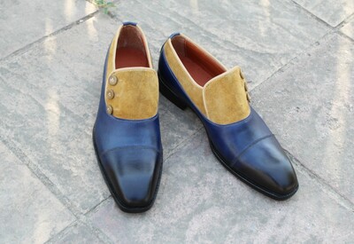 Crafted Leather Men Blue Brown Suede Leather Button Dress Shoes