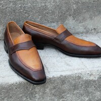 Crafted Leather Dark Brown Tan Leather Moccasin Classic Loafers Dress Wedding Shoes - Thumbnail 2