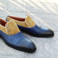 Crafted Leather Men Blue Brown Suede Leather Button Dress Shoes - Thumbnail 1