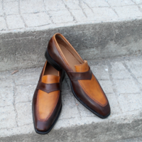 Crafted Leather Dark Brown Tan Leather Moccasin Classic Loafers Dress Wedding Shoes - Thumbnail 3