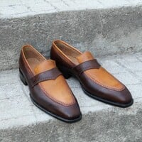 Crafted Leather Dark Brown Tan Leather Moccasin Classic Loafers Dress Wedding Shoes - Thumbnail 4