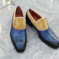 Crafted Leather Men Blue Brown Suede Leather Button Dress Shoes - Thumbnail 3