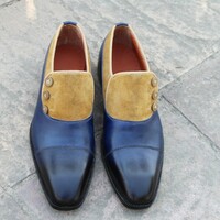 Crafted Leather Men Blue Brown Suede Leather Button Dress Shoes - Thumbnail 4