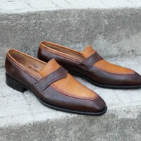Crafted Leather Dark Brown Tan Leather Moccasin Classic Loafers Dress Wedding Shoes - Thumbnail 7