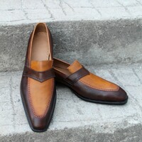 Crafted Leather Dark Brown Tan Leather Moccasin Classic Loafers Dress Wedding Shoes - Thumbnail 6