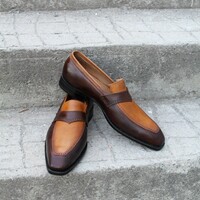 Crafted Leather Dark Brown Tan Leather Moccasin Classic Loafers Dress Wedding Shoes - Thumbnail 5