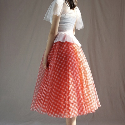 Women red plaid tulle skirt high waisted  plus size long tulle skirt  