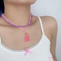 Pastel Pink Purple Bear Pendant Layered Necklace Choker - Thumbnail 1