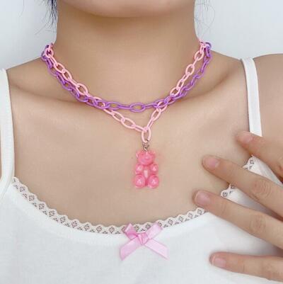 Pastel Pink Purple Bear Pendant Layered Necklace Choker