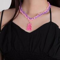 Pastel Pink Purple Bear Pendant Layered Necklace Choker - Thumbnail 3