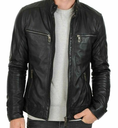 Men Leather Biker Genuine Lambskin Leather Jacket