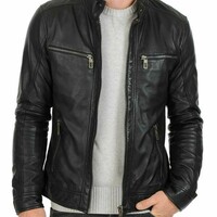 Men Leather Biker Genuine Lambskin Leather Jacket - Thumbnail 4