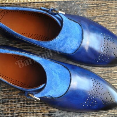 Handmade men dress shoes blue leather monk strap shoes men fashion monk shoes 