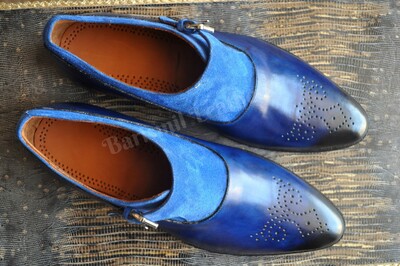 Handmade Men Dress Shoes Blue Leather Monk Strap Shoes Men Fashion Monk Shoes 