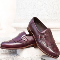 Rounded Brogue Toe Dark Maroon Genuine Leather Monk Handmade Men Classic Shoes - Thumbnail 4