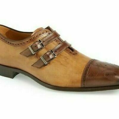 Double buckle straps two tone cap toe premium leather monk men formal shoes