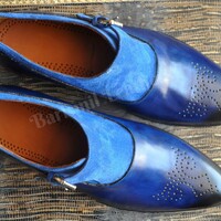 Handmade Men Dress Shoes Blue Leather Monk Strap Shoes Men Fashion Monk Shoes  - Thumbnail 1