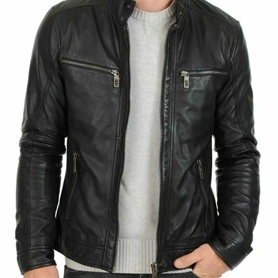 Men leather biker genuine lambskin leather jacket