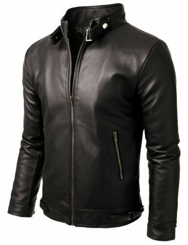 Men Slim Fit Biker Motorcycle Lambskin Leather Jacket Coat Outwear