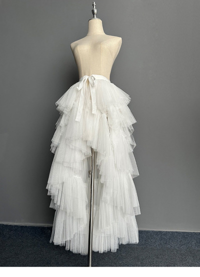 White High Low Layered Tulle Skirt,  Bridal Tulle Maxi Skirt,  Romantic Wedding Party Outfit
