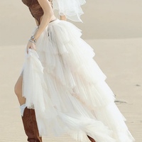 White High Low Layered Tulle Skirt,  Bridal Tulle Maxi Skirt,  Romantic Wedding Party Outfit - Thumbnail 4