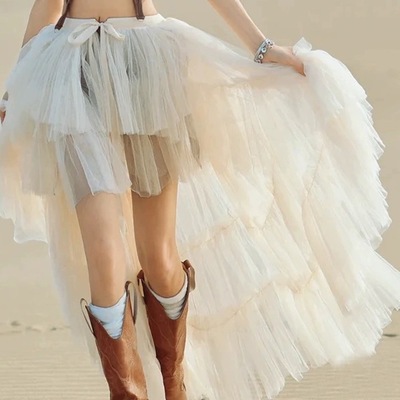 White high low tulle skirt,  bridal tulle maxi skirt,  romantic wedding party tulle skirt outfit