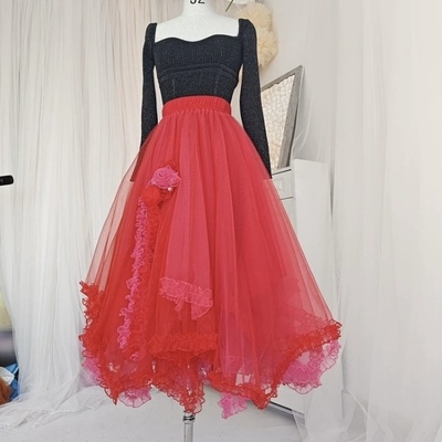 High low tulle skirt, red layered tulle tutu skirt outfit , plus size  ruffle tulle skirt 