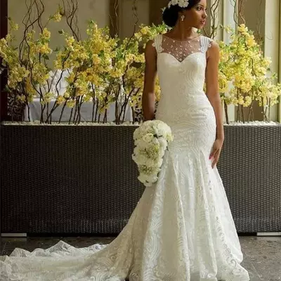 African mermaid wedding dresses illusion neckline country bridal gowns nigerian lace covered button back sexy aso ebi lace wedding dress
