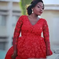 New Trendy Red Wedding Dresses With Long sleeves Sexy V Neck Lace Appliques Plus size Dresses Tulle Floor Length Formal Party Gown - Thumbnail 1