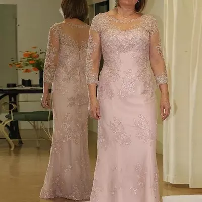 Vintage mother of the bride dresses pink jewel neck sheath long sleeves lace appliques beads floor length party wedding guest dress mother dress