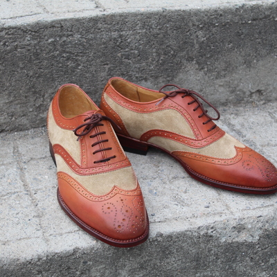 Crafted leather handmade tan and beige suede leather wingtip oxford lce up dress oxford - Thumbnail 4