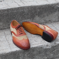 Crafted Leather Handmade Tan and Beige Suede Leather Wingtip Oxford Lce up Dress Oxford - Thumbnail 1