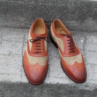 Crafted Leather Handmade Tan and Beige Suede Leather Wingtip Oxford Lce up Dress Oxford - Thumbnail 2