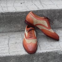 Crafted Leather Handmade Tan and Beige Suede Leather Wingtip Oxford Lce up Dress Oxford - Thumbnail 3