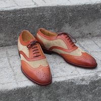 Crafted Leather Handmade Tan and Beige Suede Leather Wingtip Oxford Lce up Dress Oxford - Thumbnail 4