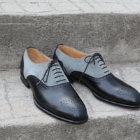 Crafted Leather Handmade Black Leather Gray Suede Oxford Lace up Dress Shoes - Thumbnail 2