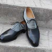 Crafted Leather Handmade Black Leather Gray Suede Oxford Lace up Dress Shoes - Thumbnail 1