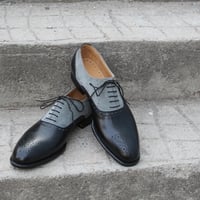Crafted Leather Handmade Black Leather Gray Suede Oxford Lace up Dress Shoes - Thumbnail 3