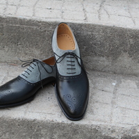 Crafted Leather Handmade Black Leather Gray Suede Oxford Lace up Dress Shoes - Thumbnail 4