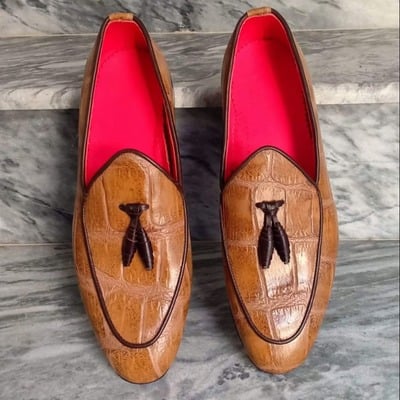 Brown crocodile texture leather tassel men loafer dress shoes