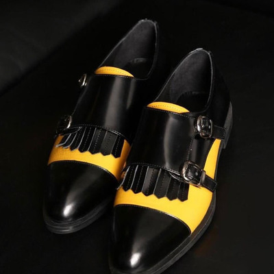 Bespoke handmade men's leather double monk cap toe shoes handcrafted fringe style formal wear men's shoes
