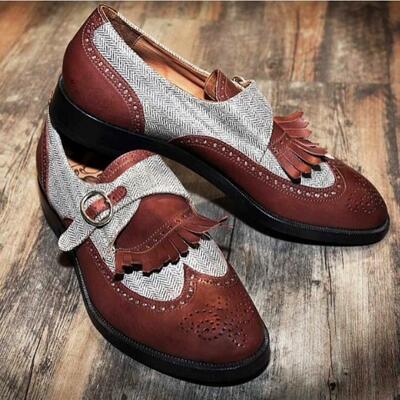 Trendy fashion two tone tweed suede monk fringe shoes