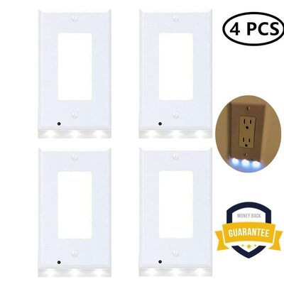 4 pcaks wall outlet plate led guide night light, illuminated plug cover with sensor inductive guide night light easy snap on no wire or battery
