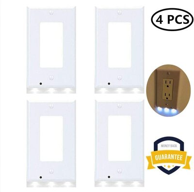 4 Pcaks Wall Outlet Plate LED Guide Night Light, Illuminated Plug Cover With Sensor Inductive guide night light Easy Snap On No Wire Or Battery