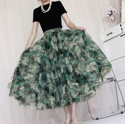 Green Army Skirt, Women High Waisted Tulle Maxi Skirt , Military Pattern Tulle Skirt Holiday Outfit