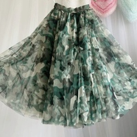 Green Army Skirt, Women High Waisted Tulle Maxi Skirt , Military Pattern Tulle Skirt Holiday Outfit - Thumbnail 2